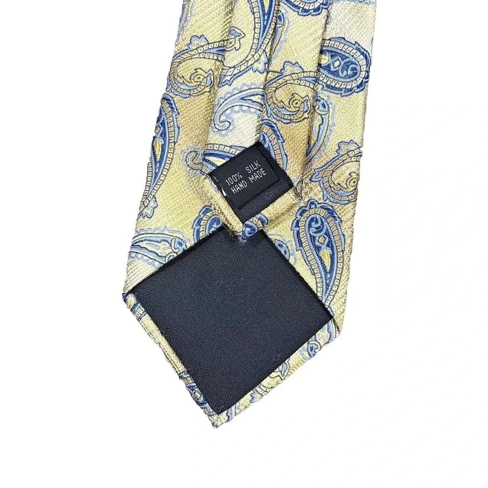 Bruno Piattelli Mens Tie 100% Silk Handmade Designer Italy Yellow‎ Blue Paisley